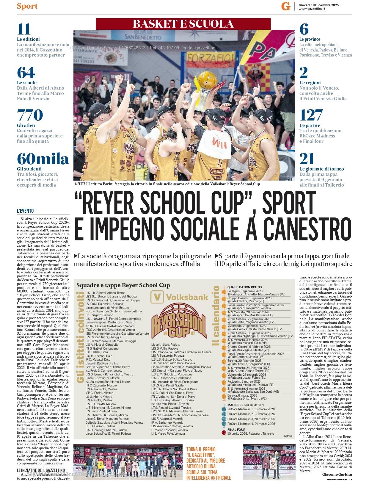 2025-12-18-Reyer School Cup, sport e impegno sociale a canestro - Il Gazzettino Ve
